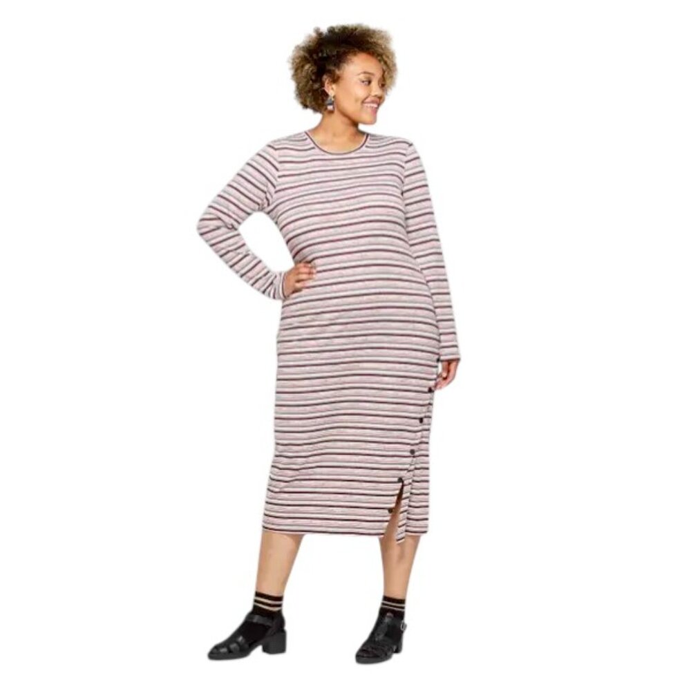 WILD FABLE STRIPED Midi Dress Long Sleeve Retro Side Button Knit M